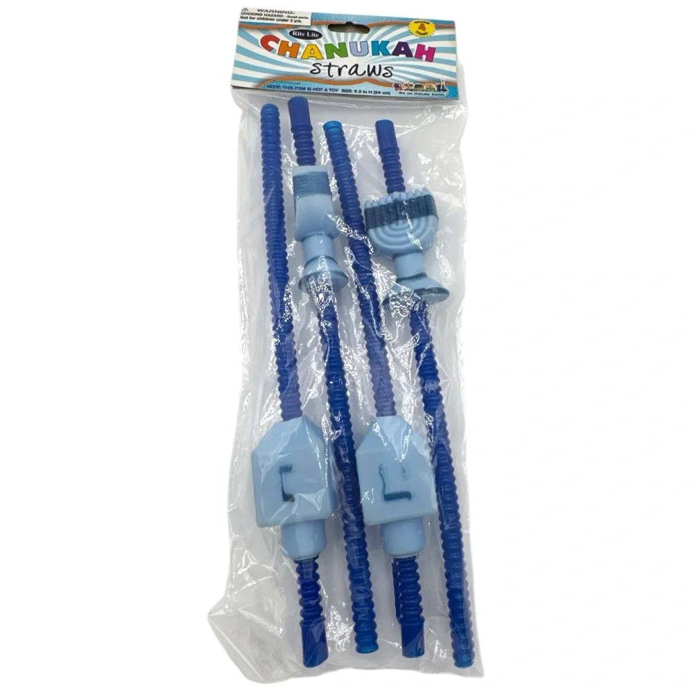 New Rite Lite Festive 4 Blue Hanukkah Straws Dreidels and Menorahs